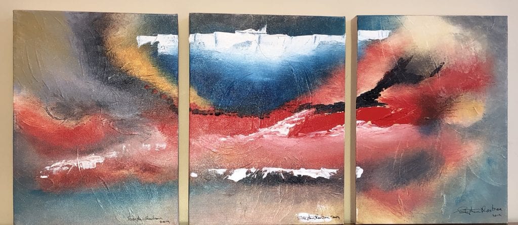 abstract painting on canvas as a triptych evolving the contrast of fire and ice image