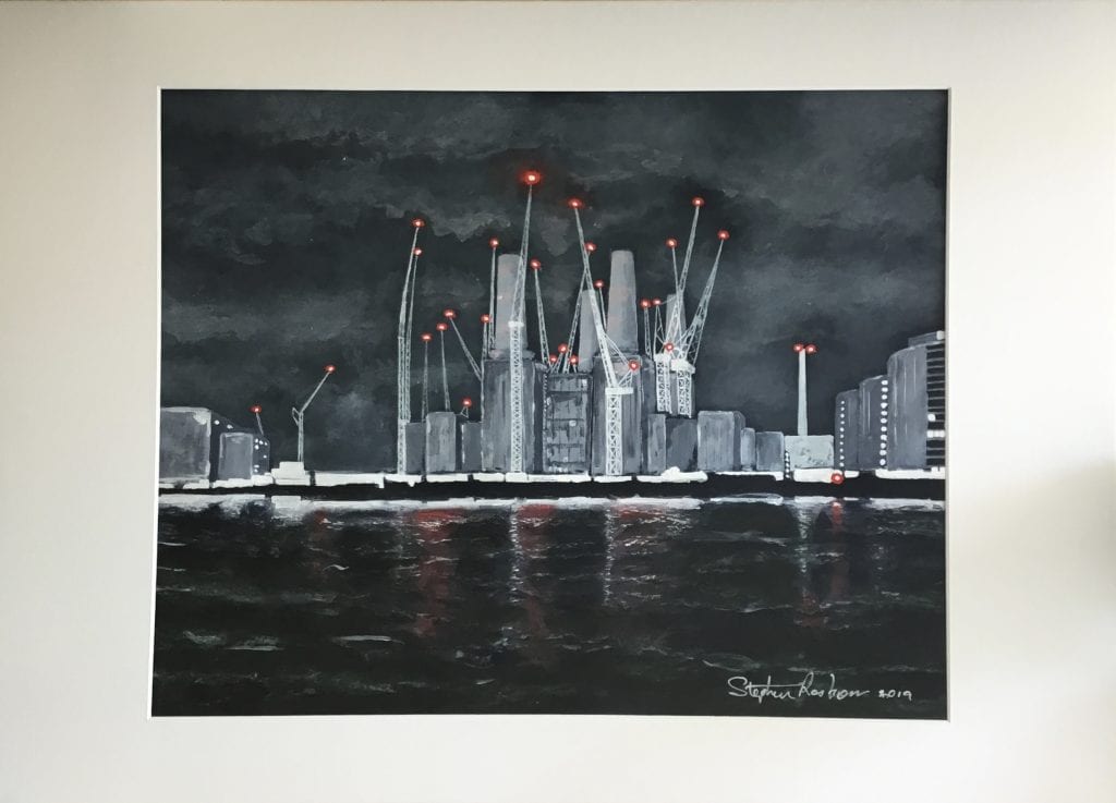 Battersea Power Station - an impressionist painting of a night scene from across the Thames during the period of the Power Station's reconstruction and opening as a Retail Destination and residential area