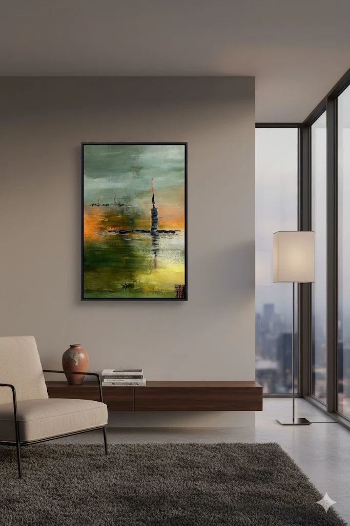 Room setting for a hauntingly atmospheric exploration of industrial isolation, this vertical composition centers on a dark, textured monolith rising from a sea of murky olive and ochre.