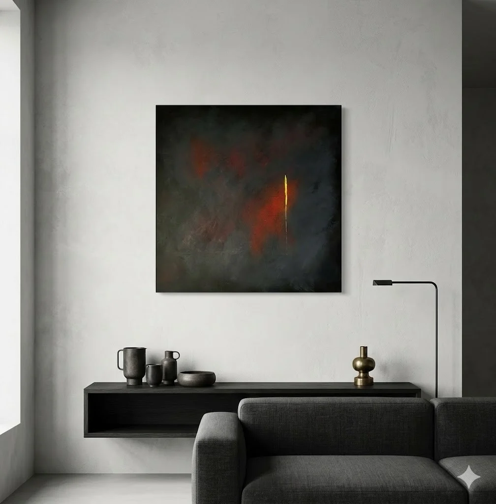 Room setting for more than a painting; it is a sophisticated statement piece—perfect for a collector seeking a work that offers both a powerful presence and a timeless, contemplative soul.